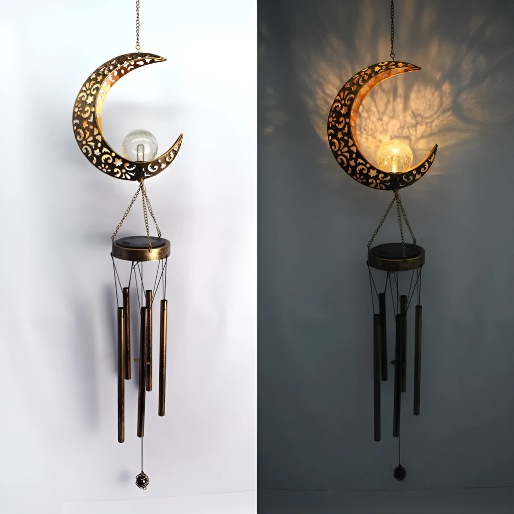 Wrought iron and glass solar wind chime pendant with warm white LED, Moon Star or Sun style, 18x11x104cm