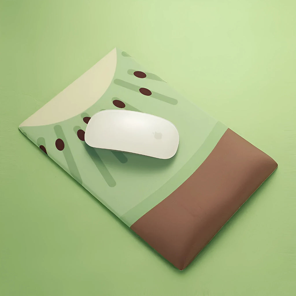 Cute kiwi-shaped mouse pad with a 20mm thick wrist support cushion and colourful girl graphic.