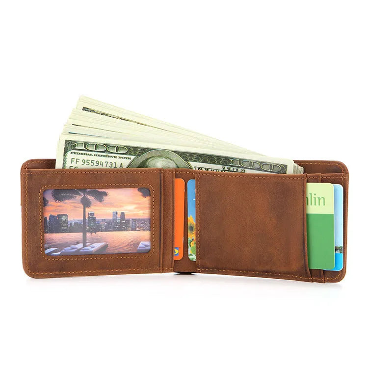 RFID blocking men's leather wallet in cowhide with card slots and compact 11cm design