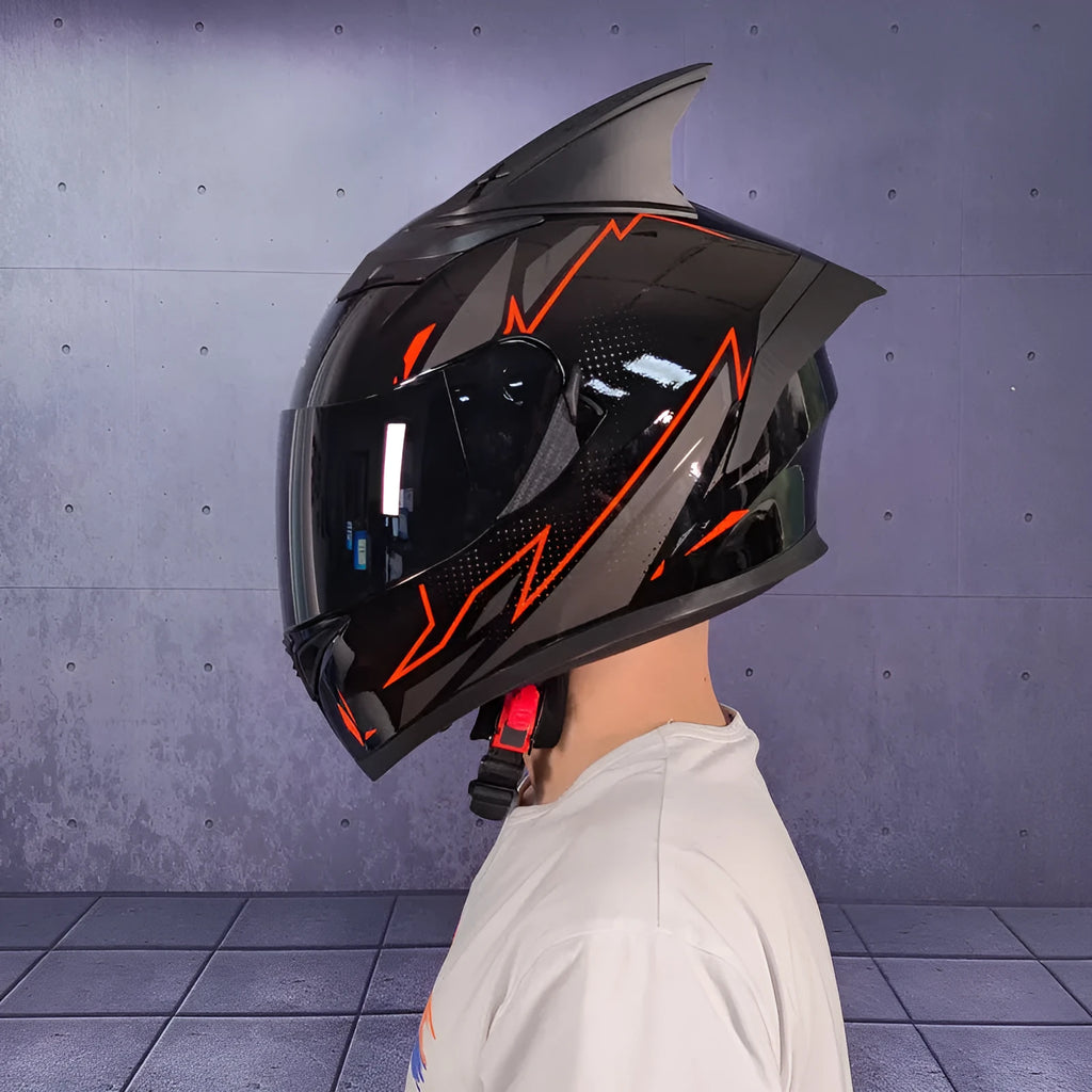 Double lens full face motorcycle helmet in black with removable horn, ABS shell, sizes M to XXL