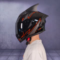 Double lens full face motorcycle helmet in black with removable horn, ABS shell, sizes M to XXL