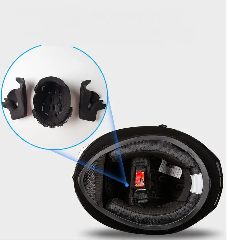 Double lens full face motorcycle helmet in black with removable horn, ABS shell, sizes M to XXL