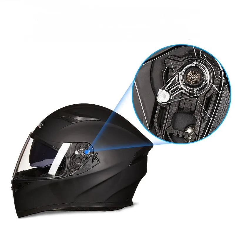 Double lens full face motorcycle helmet in black with removable horn, ABS shell, sizes M to XXL