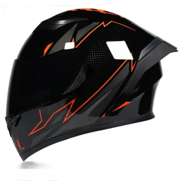 Double lens full face motorcycle helmet in black with removable horn, ABS shell, sizes M to XXL