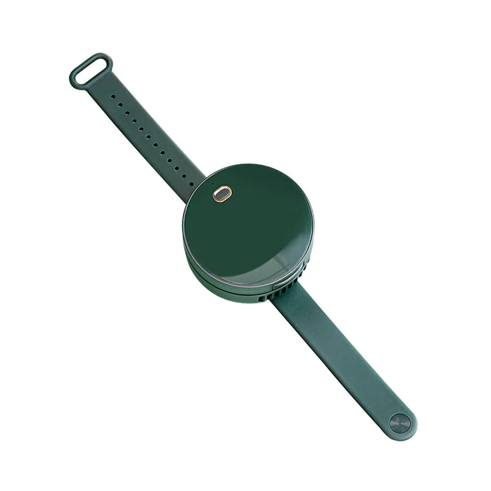 Portable leafless wrist fan with mirror, USB rechargeable, three speed settings, 66x41mm, in white on a table