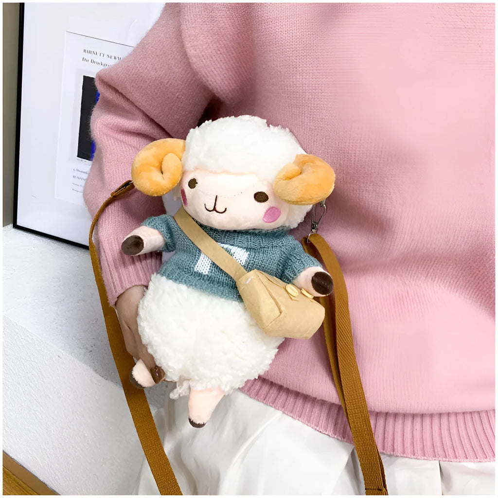 Little Sheep plush crossbody bag with lamb pattern in blue colour, showing zipper closure and square shape