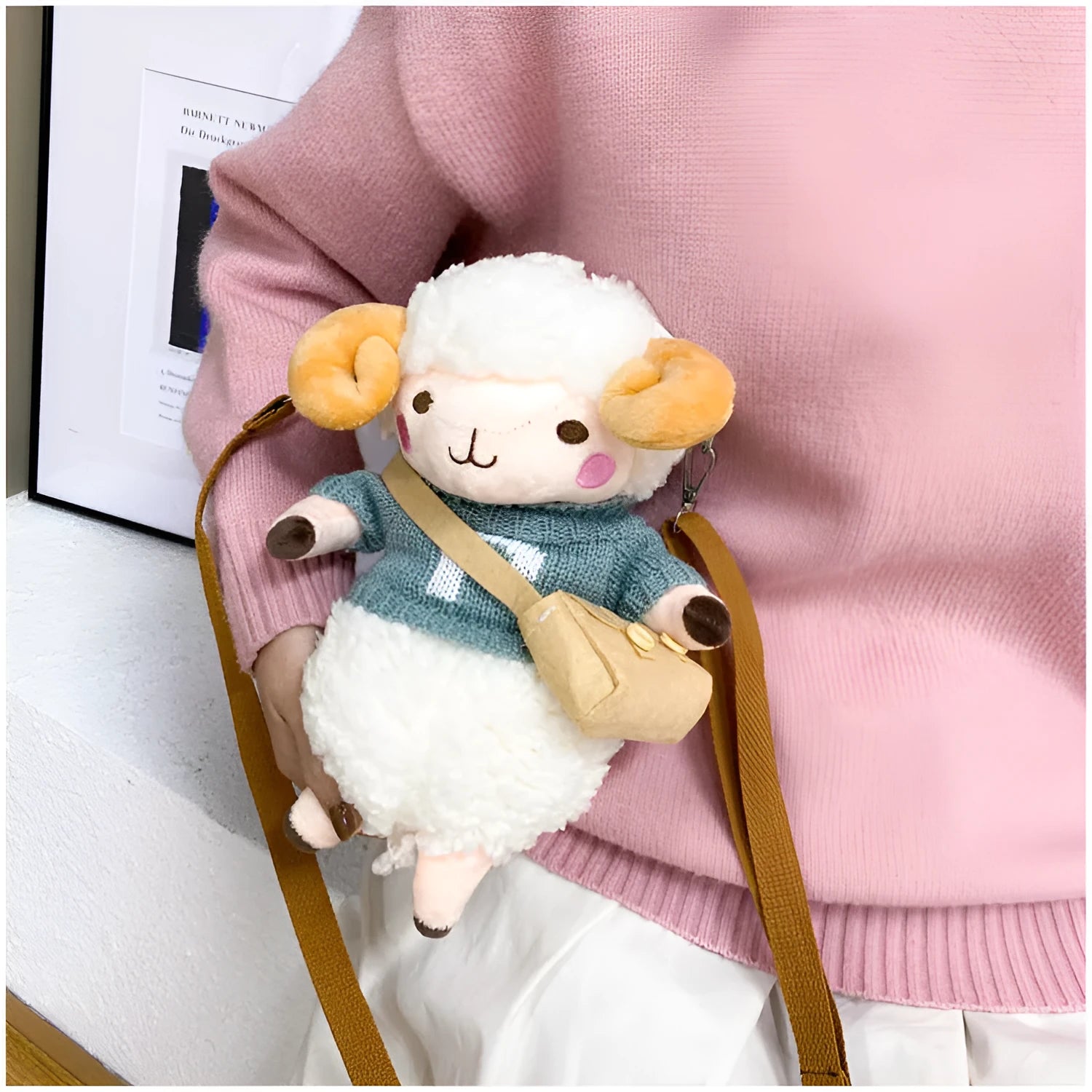 Little Sheep plush crossbody bag with lamb pattern in blue colour, showing zipper closure and square shape
