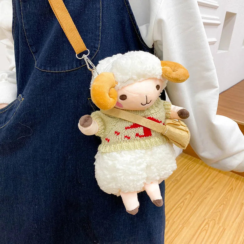 Little Sheep plush crossbody bag with lamb pattern in blue colour, showing zipper closure and square shape
