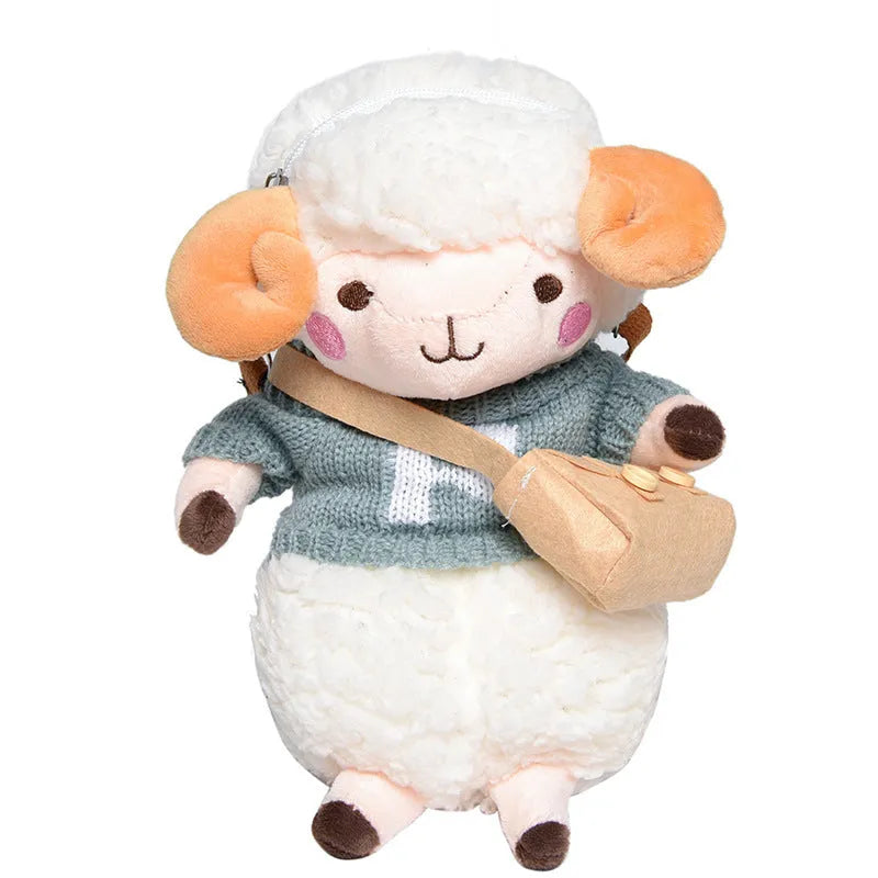 Little Sheep plush crossbody bag with lamb pattern in blue colour, showing zipper closure and square shape