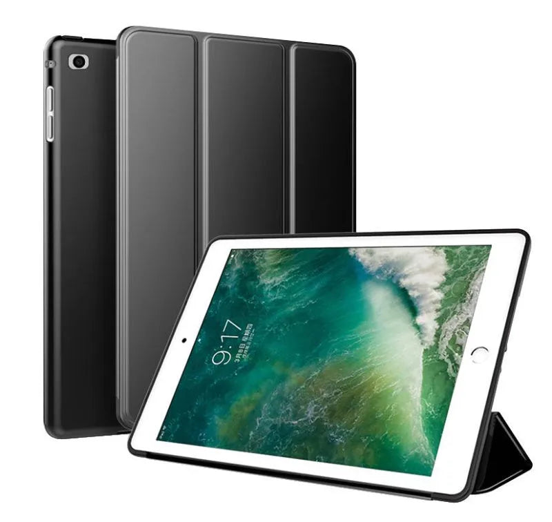 iPad Air 2 silicone protective case with integrated stand in clamshell design showing front and back protection