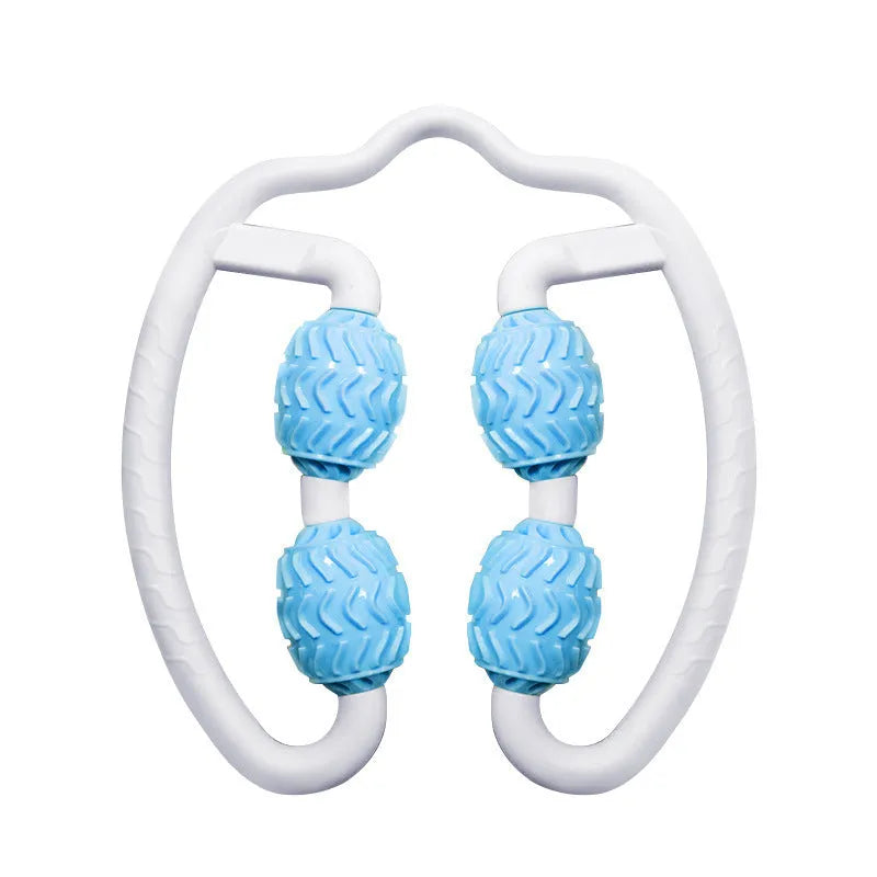 Purple and pink silicone annular leg massage rollers for fitness.