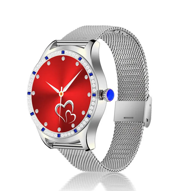 Gold and silver ladies smart watch with a 1.28-inch screen on a wristband, showing Bluetooth calling and health monitoring interface.