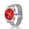 Gold and silver ladies smart watch with a 1.28-inch screen on a wristband, showing Bluetooth calling and health monitoring interface.