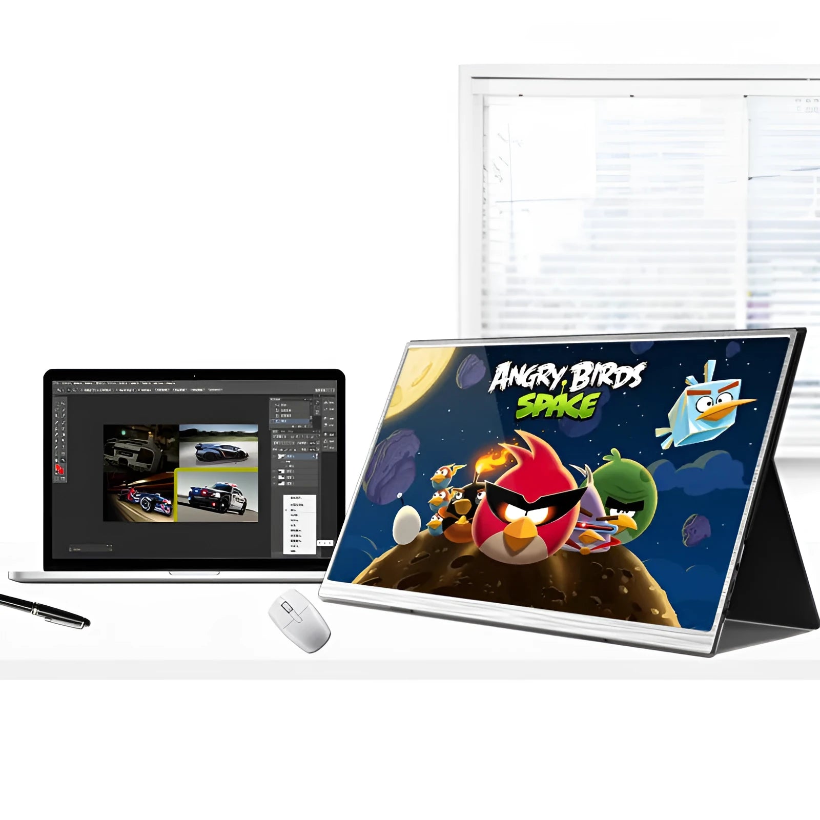 ZeusLap 15-inch portable gaming display with ultra-thin design showing split screen function