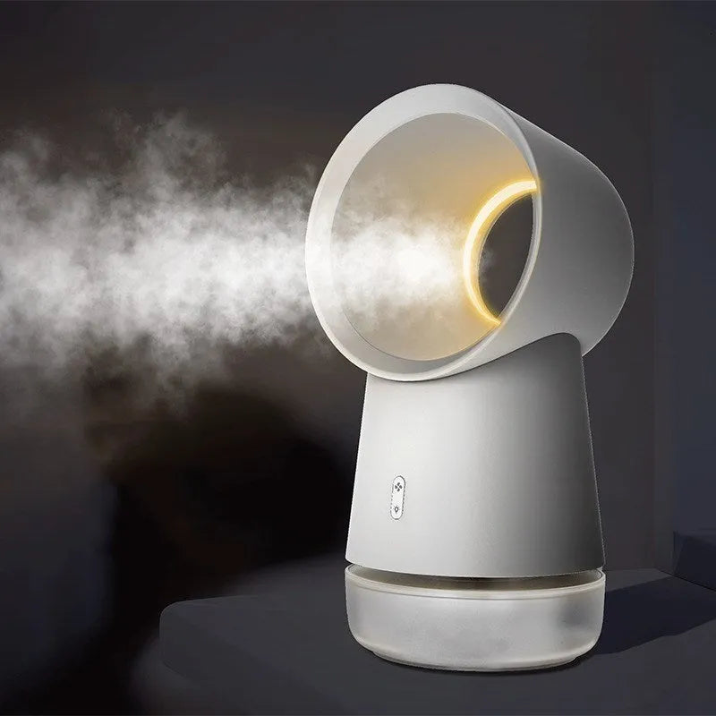 White desktop humidifier with leafless fan and 300ML water tank on a desk, emitting cool mist from single fog outlet