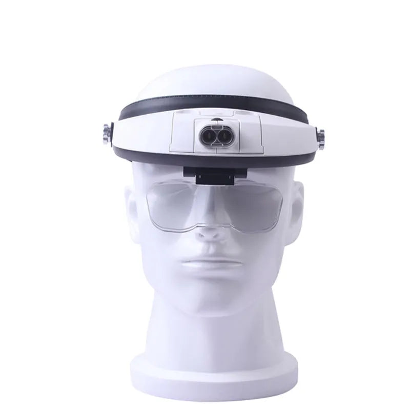 LED headband magnifier with five interchangeable acrylic lenses and two LED lights on a white background