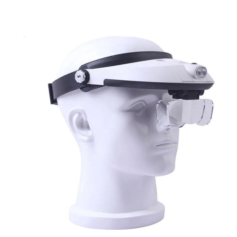 LED headband magnifier with five interchangeable acrylic lenses and two LED lights on a white background