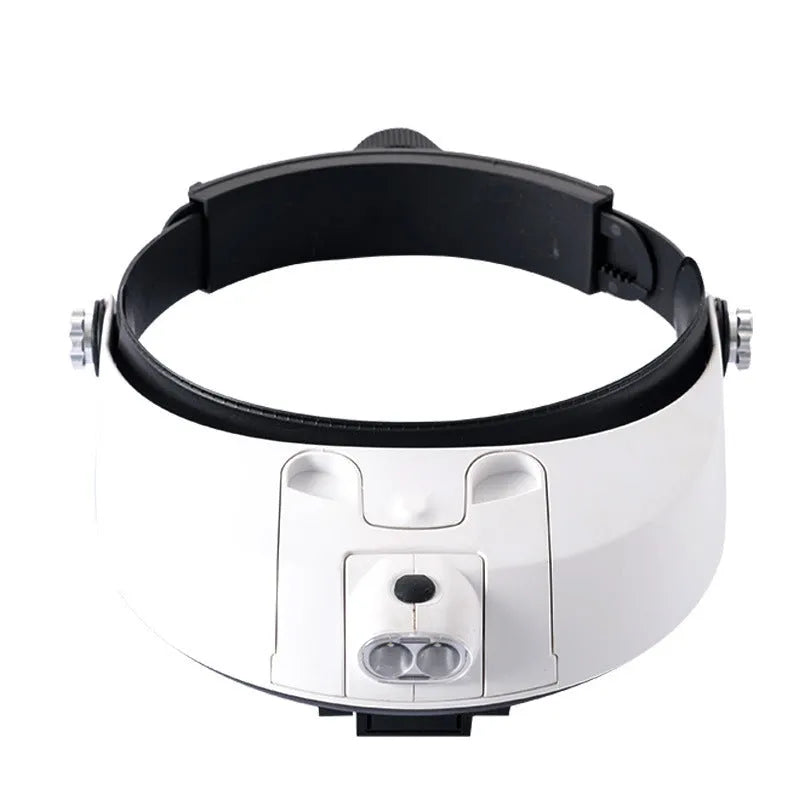 LED headband magnifier with five interchangeable acrylic lenses and two LED lights on a white background