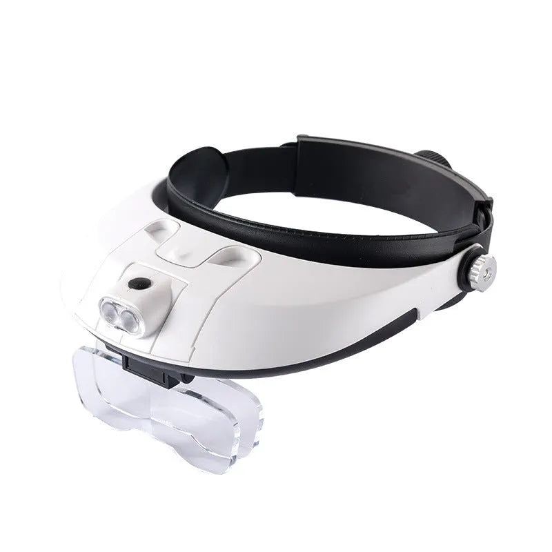 LED headband magnifier with five interchangeable acrylic lenses and two LED lights on a white background
