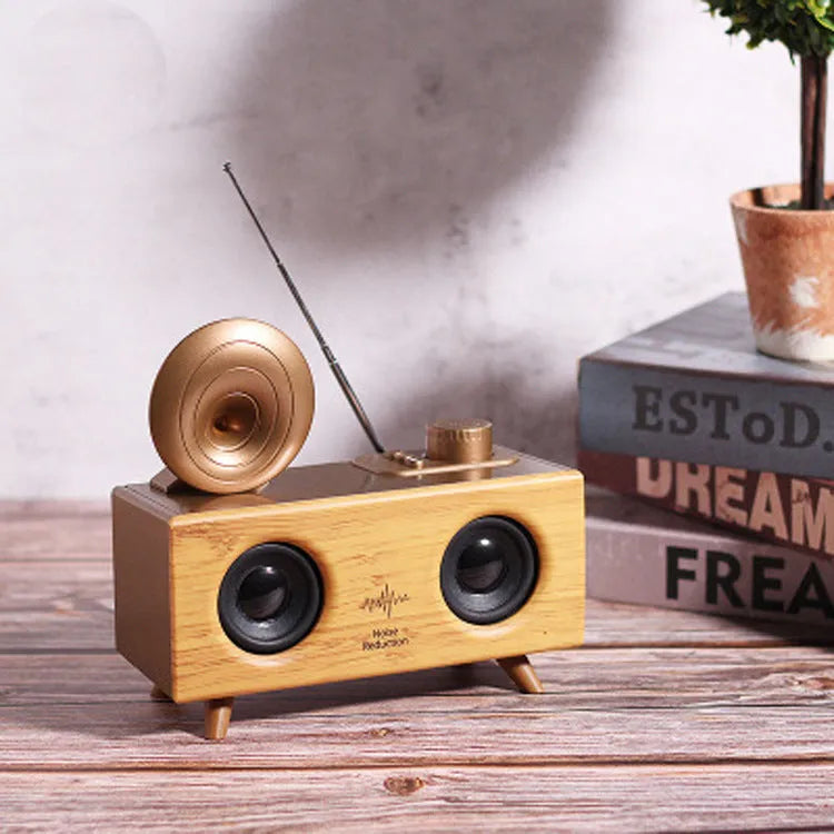 Home wireless horn flower Bluetooth speaker in dark wood finish with front grille and control buttons
