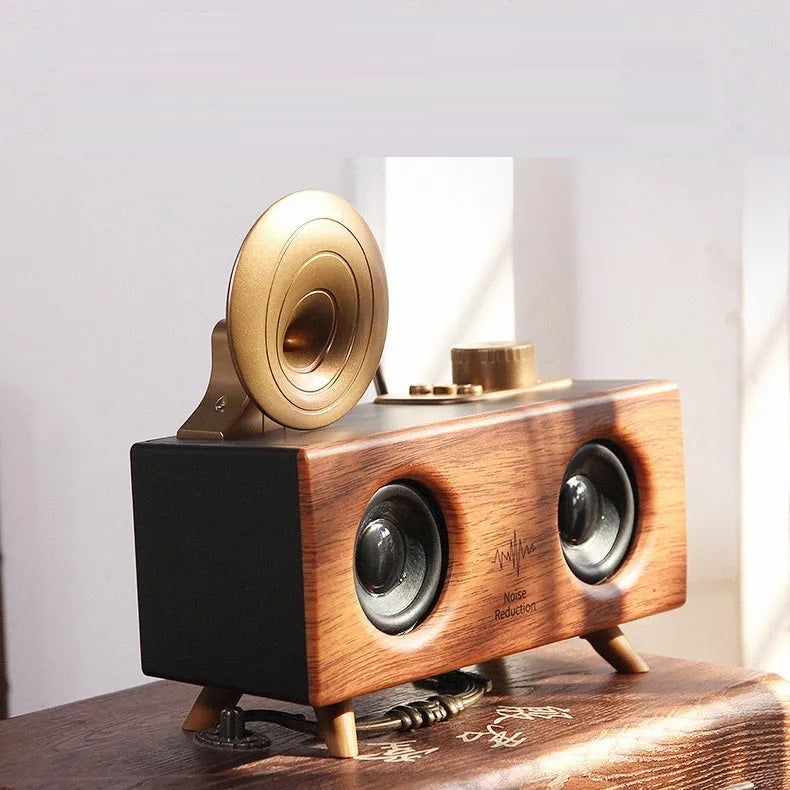 Home wireless horn flower Bluetooth speaker in dark wood finish with front grille and control buttons