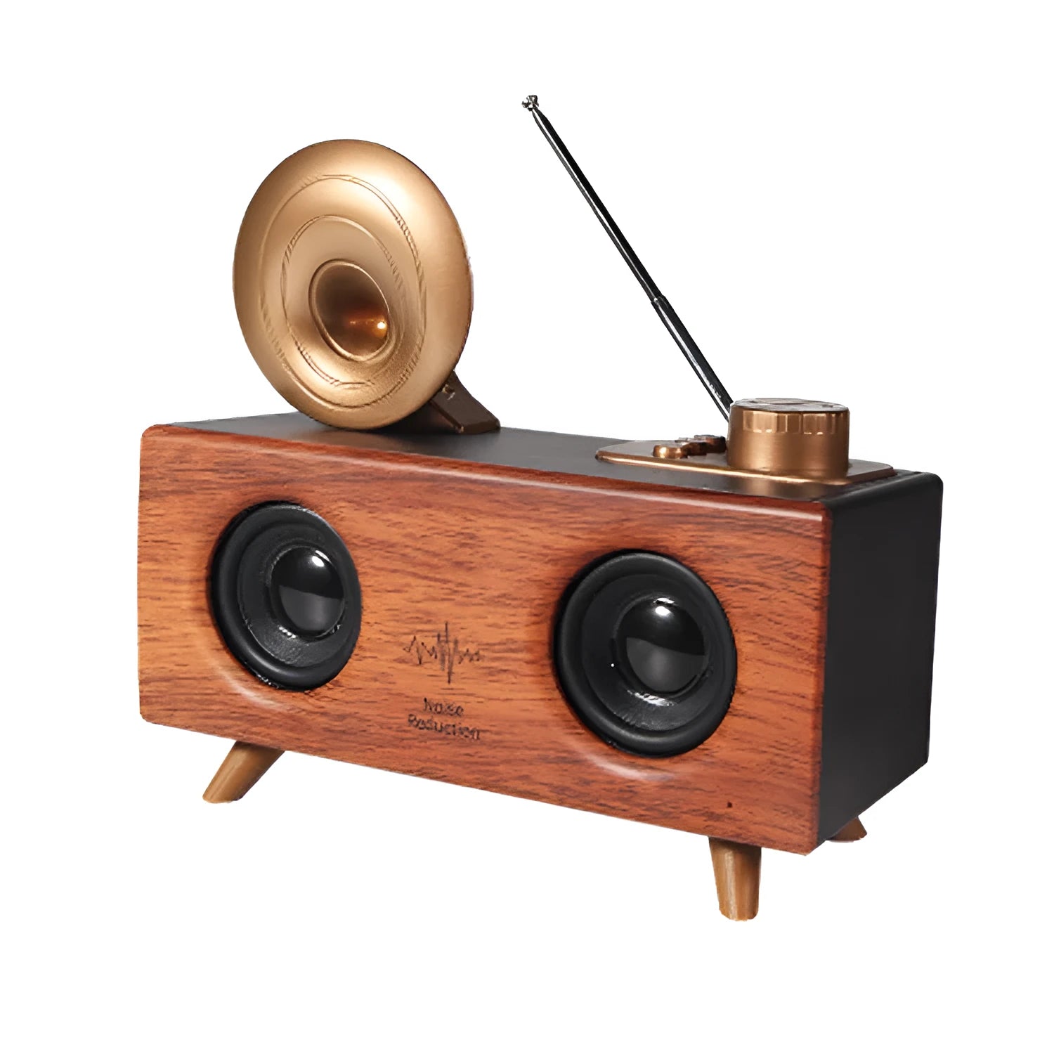 Home wireless horn flower Bluetooth speaker in dark wood finish with front grille and control buttons