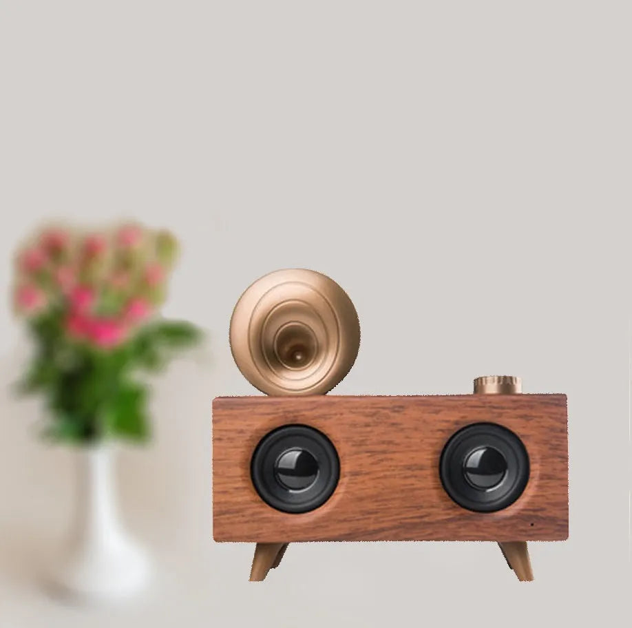 Home wireless horn flower Bluetooth speaker in dark wood finish with front grille and control buttons