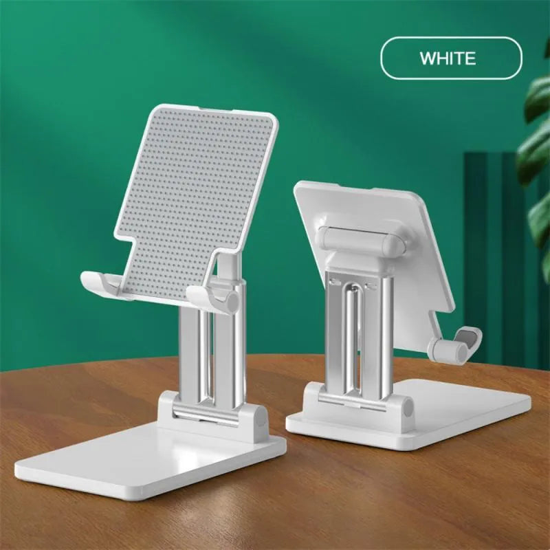 Universal dual-rod adjustable bracket holding a phablet phone on a desktop