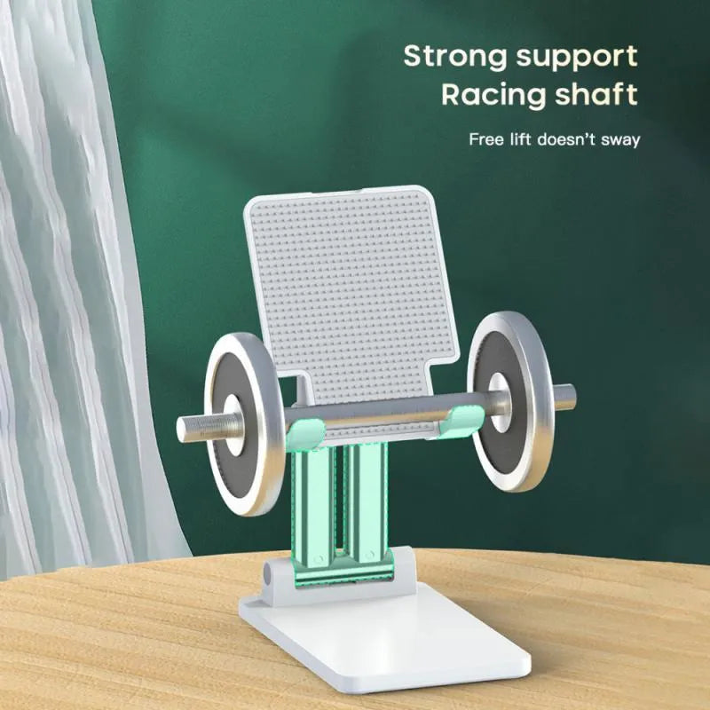 Universal dual-rod adjustable bracket holding a phablet phone on a desktop