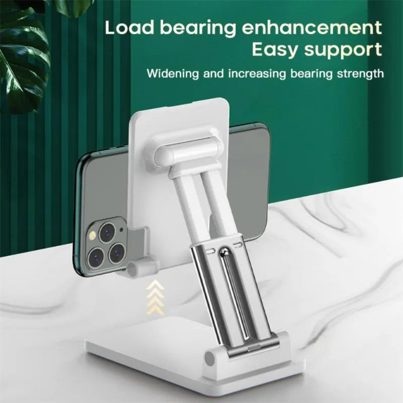 Universal dual-rod adjustable bracket holding a phablet phone on a desktop