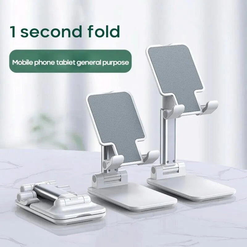Universal dual-rod adjustable bracket holding a phablet phone on a desktop
