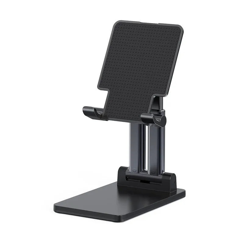 Universal dual-rod adjustable bracket holding a phablet phone on a desktop