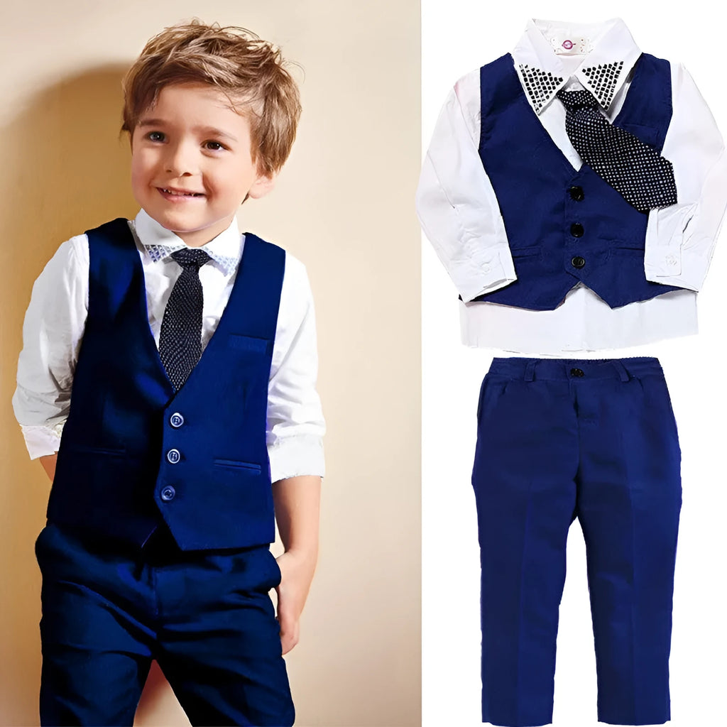 Boys' blue cotton suit set with turtleneck, vest, tie, and trousers for formal occasions