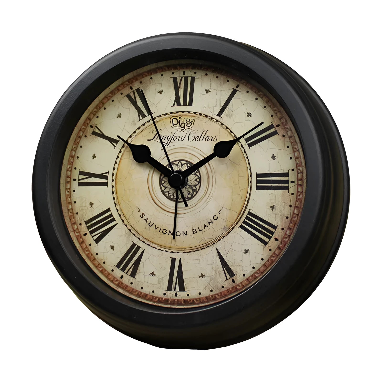 Round retro-style desk alarm clock with a white dial and silent sweep movement on a wooden surface.
