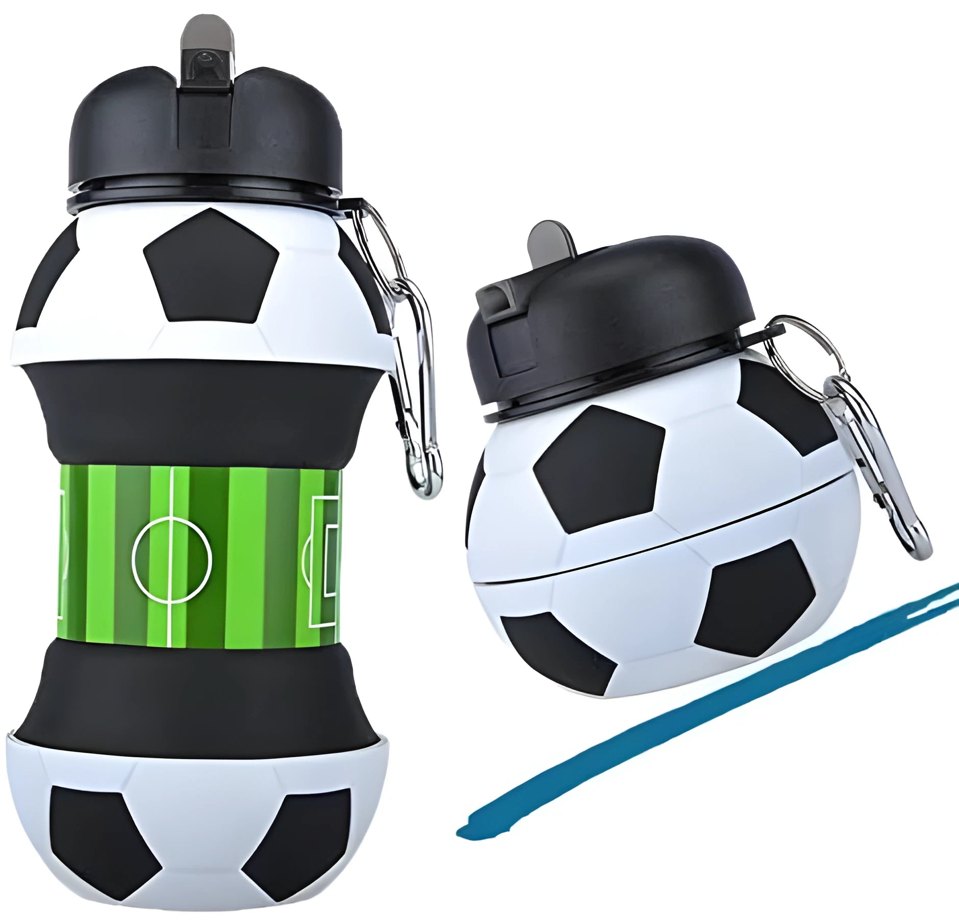 White collapsible silicone soccer water bottle with straw and carrying clip on white background