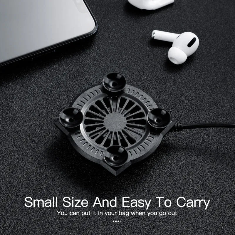 Black mobile phone cooling fan with suction cup attachment for gaming