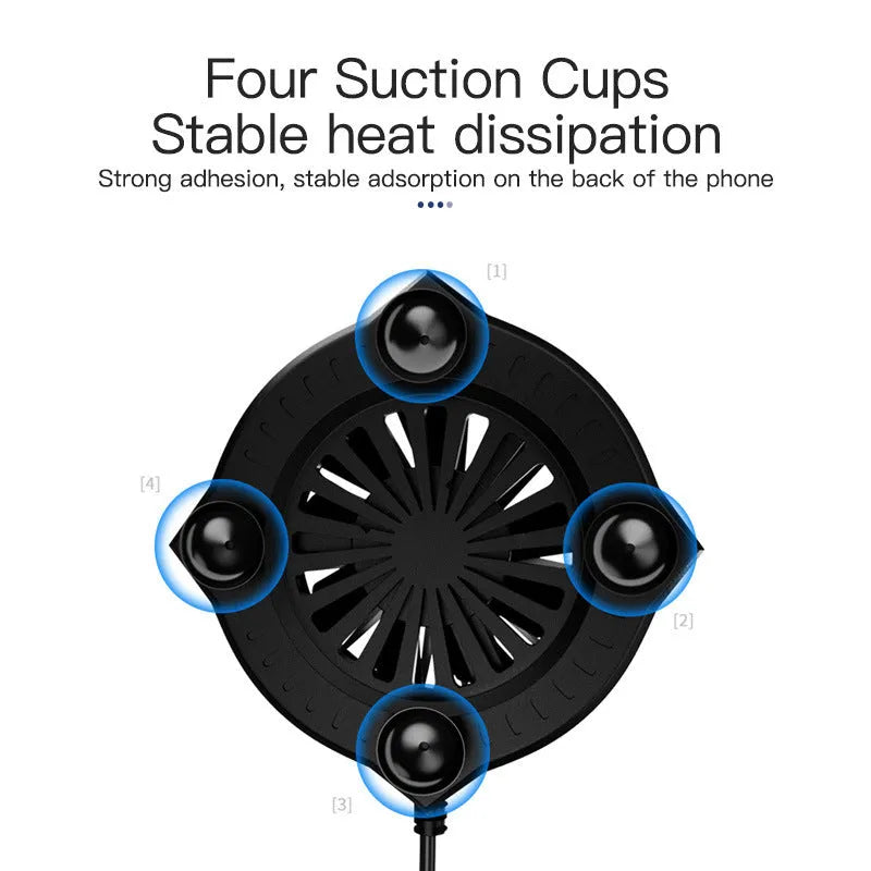Black mobile phone cooling fan with suction cup attachment for gaming