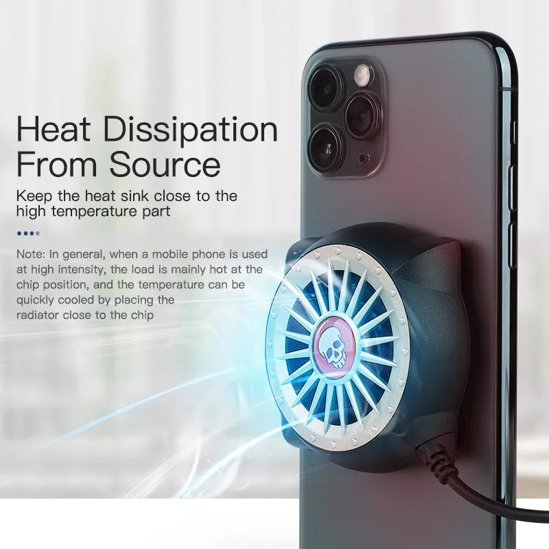 Black mobile phone cooling fan with suction cup attachment for gaming