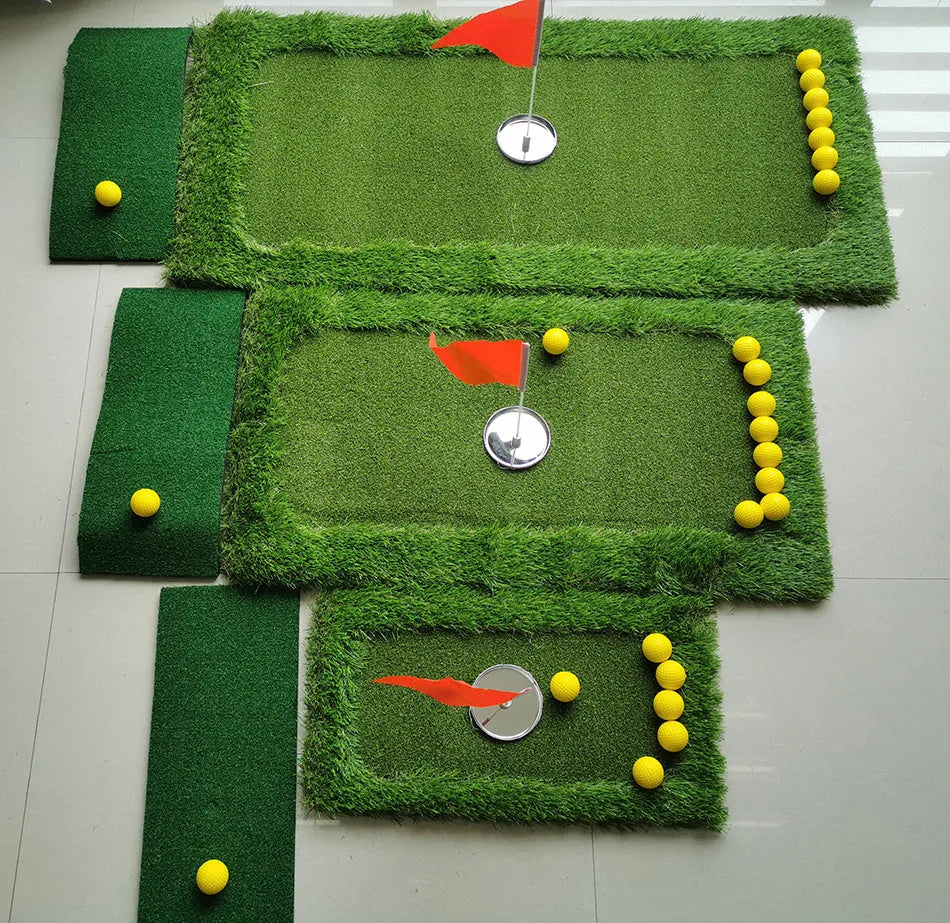 Green golf training mat on flat surface showing polypropylene grass texture and EVA foam base