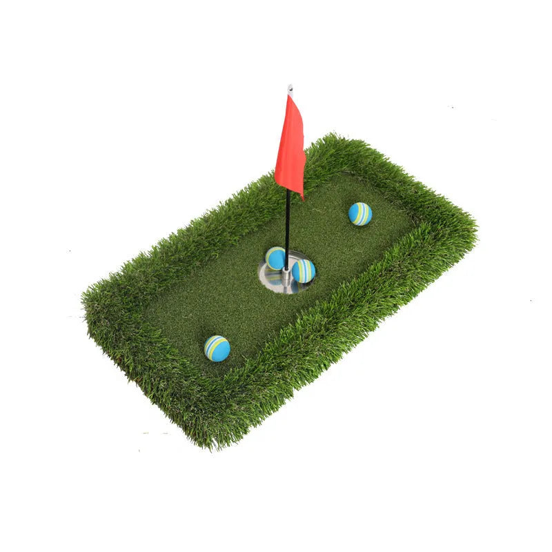 Green golf training mat on flat surface showing polypropylene grass texture and EVA foam base