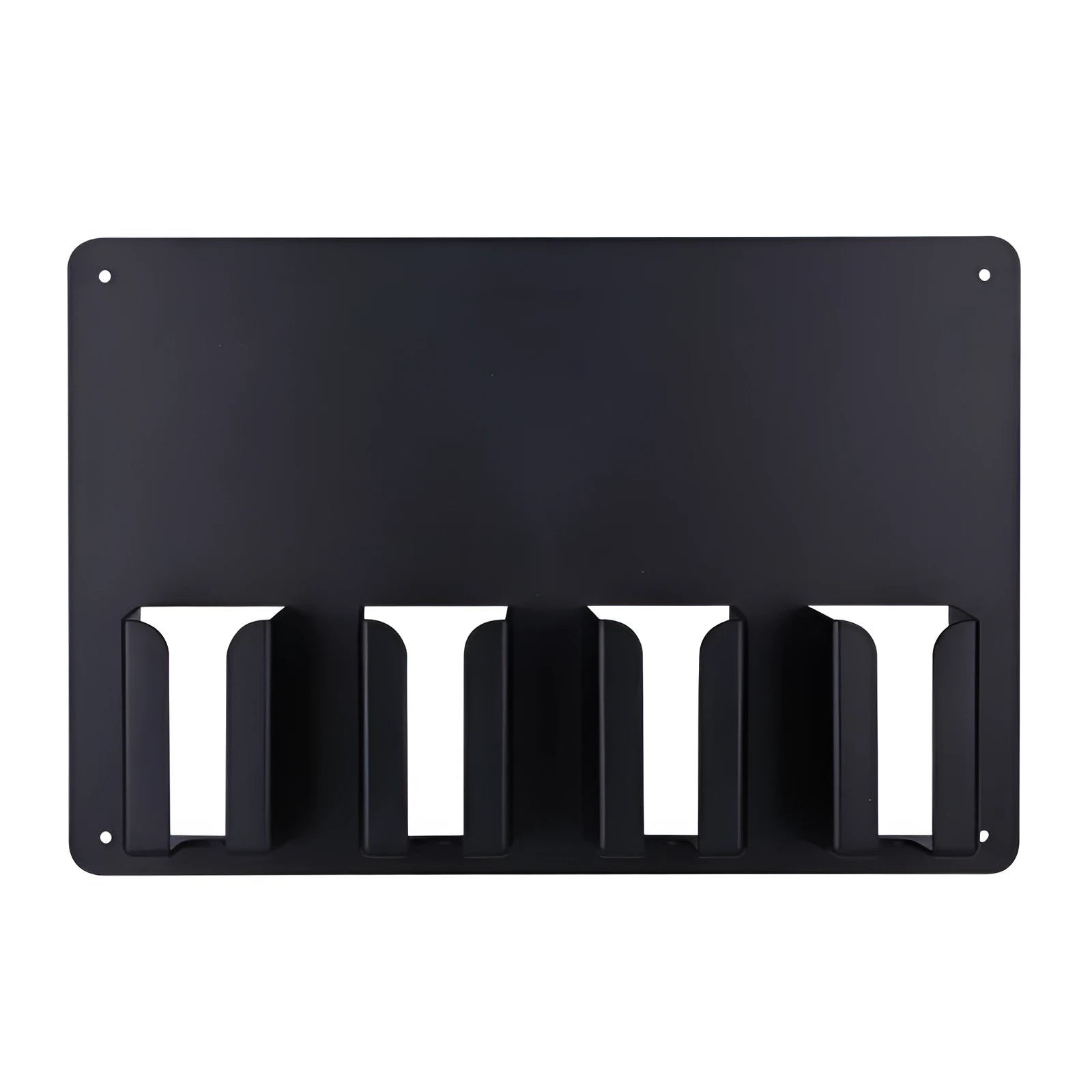 Black plastic wall-mounted storage rack holding four electric hair clippers for salon or home organisation