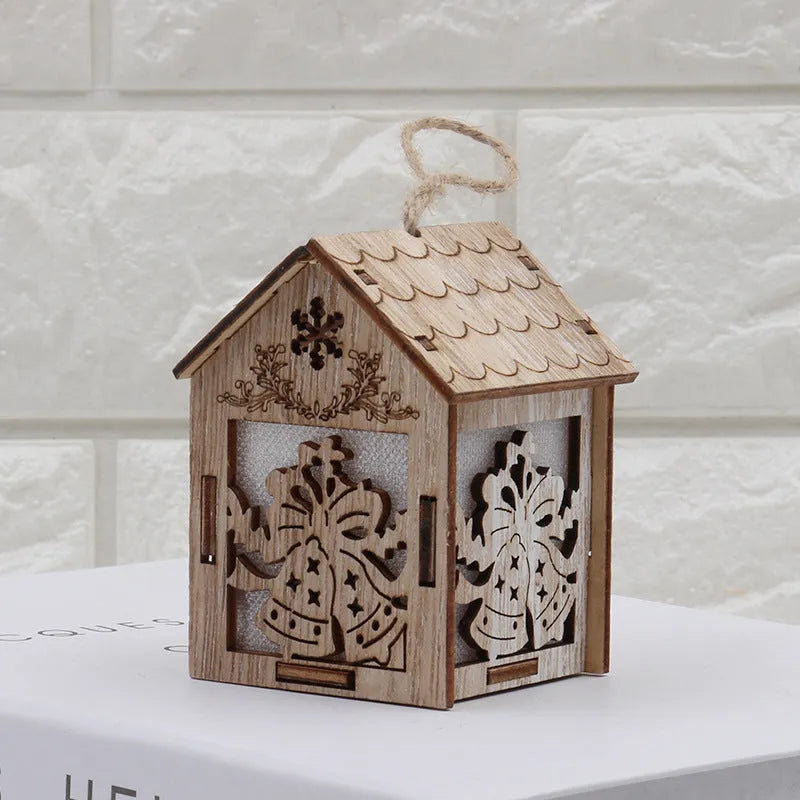 Wooden Christmas house decorations in natural wood colour with three rustic festive style options