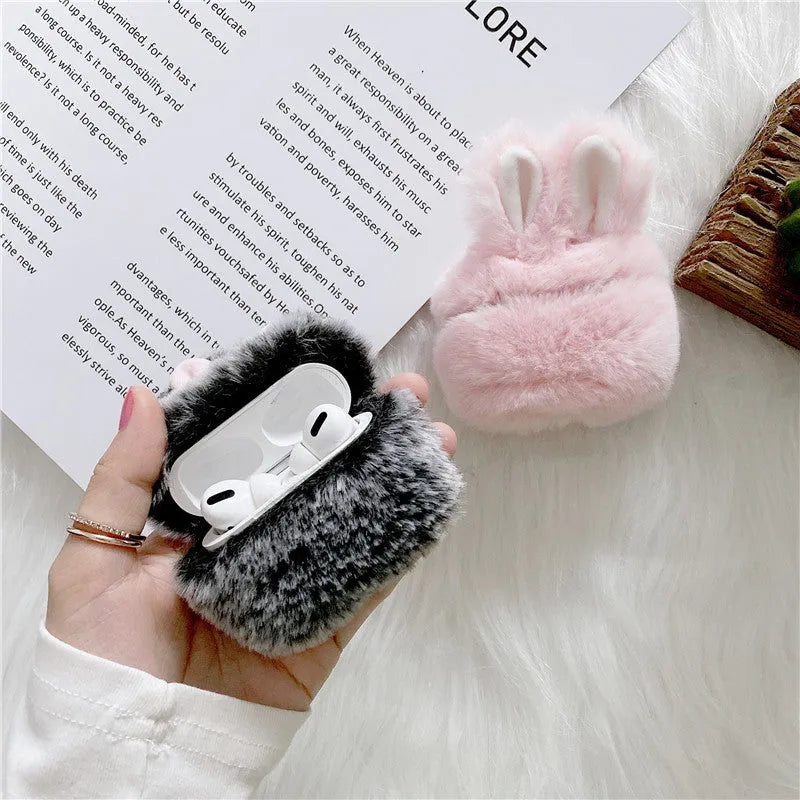 AirPods silicone protective cover with soft plush rabbit ears decoration in pink colour