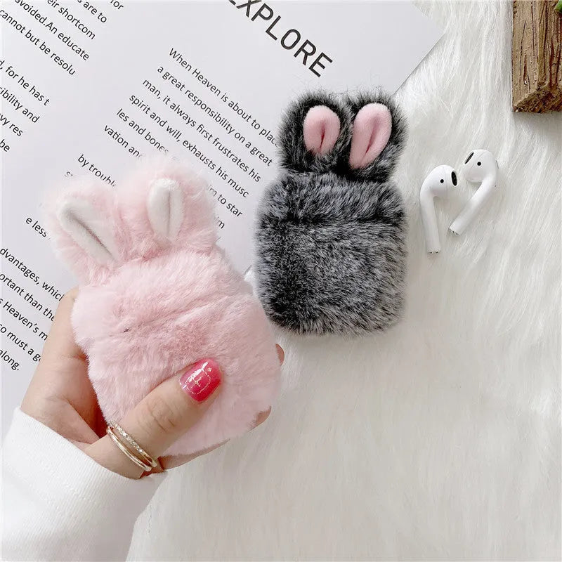 AirPods silicone protective cover with soft plush rabbit ears decoration in pink colour