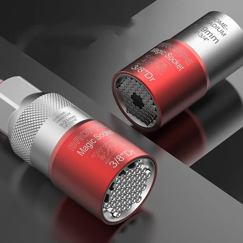 Red metric socket set with electric screw wrench and universal sleeves covering 7-21mm sizes