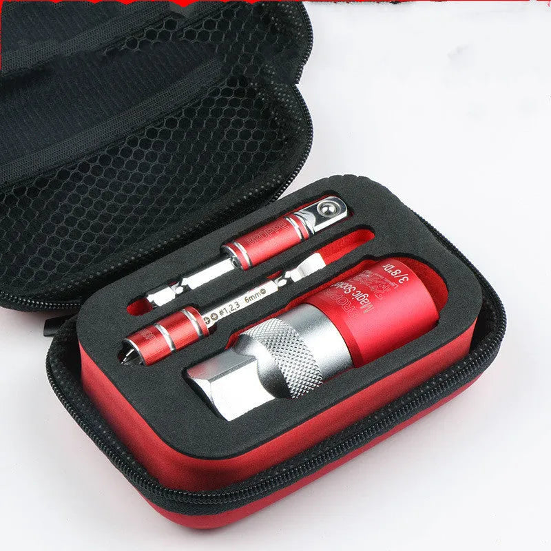 Red metric socket set with electric screw wrench and universal sleeves covering 7-21mm sizes