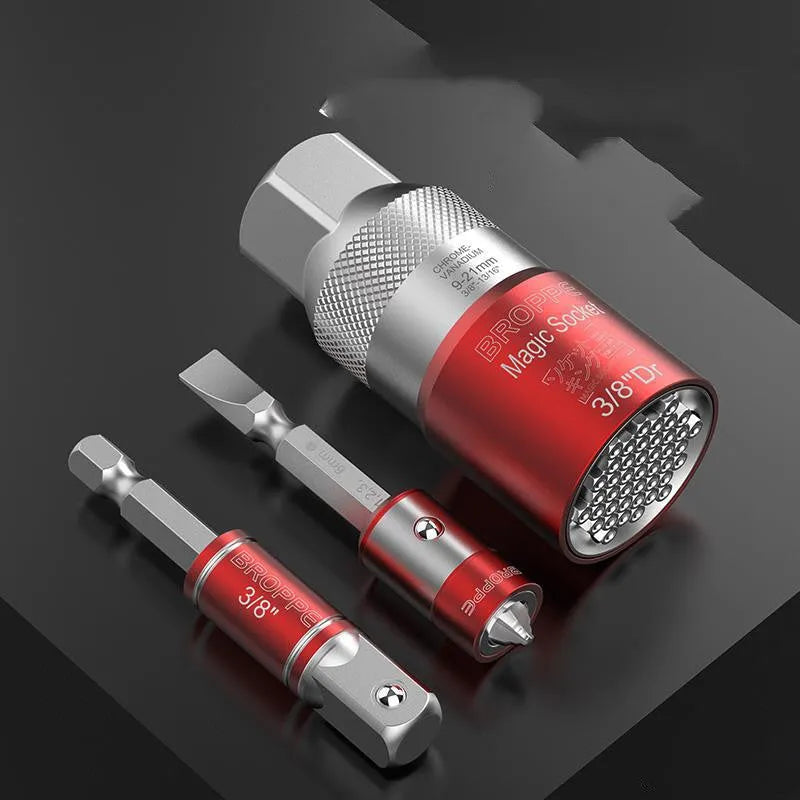 Red metric socket set with electric screw wrench and universal sleeves covering 7-21mm sizes