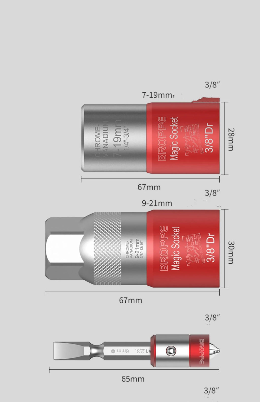Red metric socket set with electric screw wrench and universal sleeves covering 7-21mm sizes