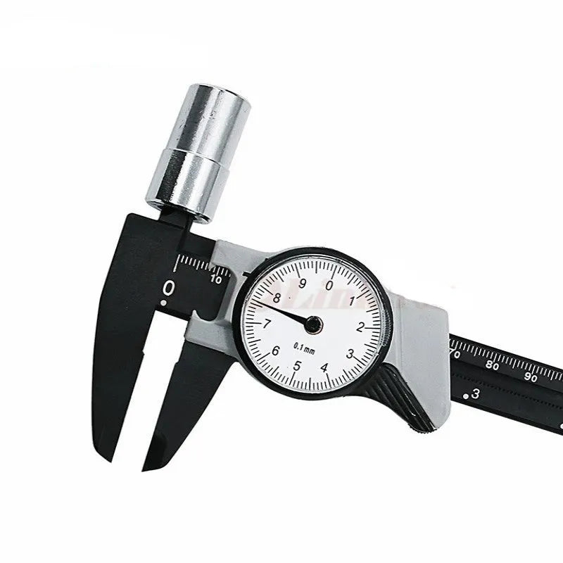 Black plastic vernier caliper showing 0-150mm measuring range with 0.1mm graduation markings