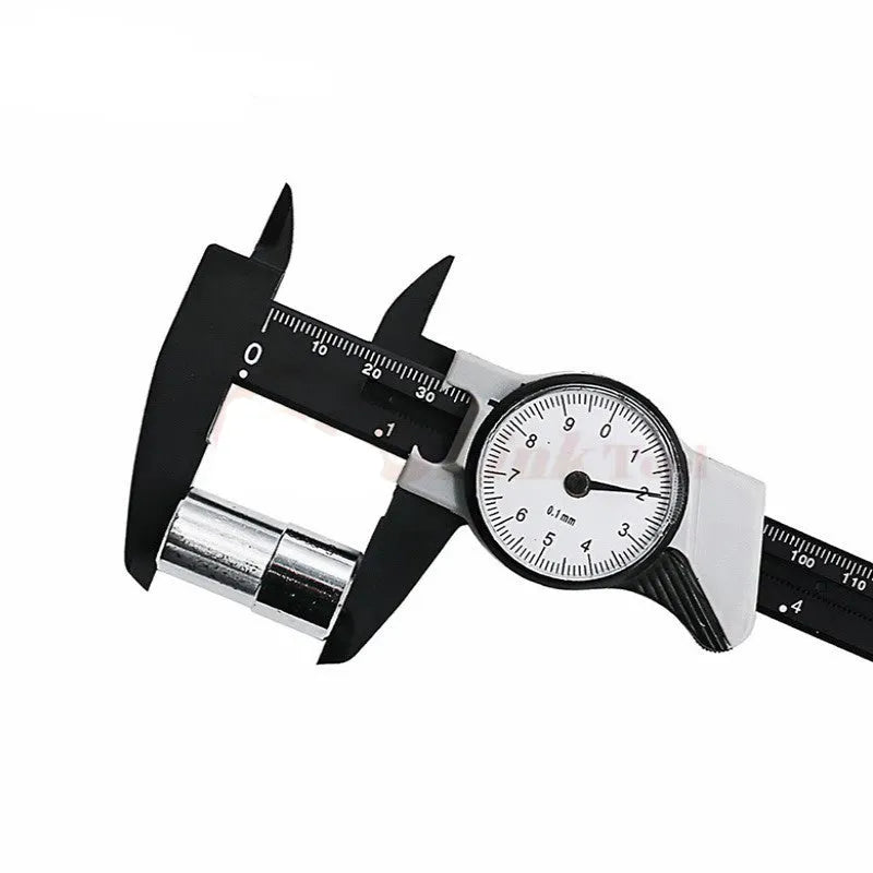 Black plastic vernier caliper showing 0-150mm measuring range with 0.1mm graduation markings